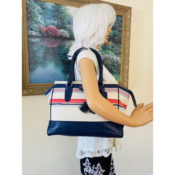 Coach Candance legacy stripe indigo canvas/Leather TOte, sHoulder Bag 22397 - Picture 3 of 10